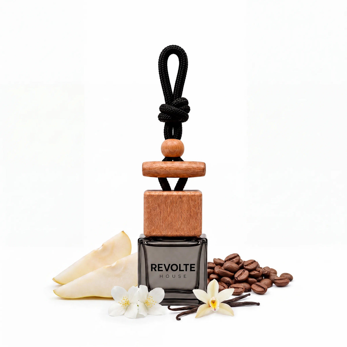 Black Opum autoparfum hanger met peer, koffie, witte bloemen en vanille